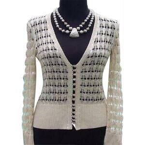 Cache Peek A Knit Sequins Kissed Sweater Top New Cardigan TUSSAN Silk NWT $118